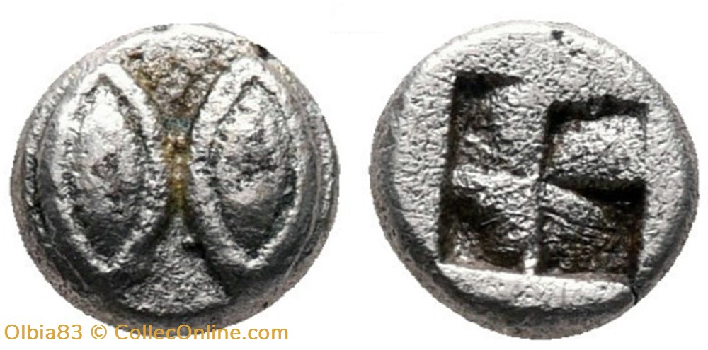 Ile de Lesbos / 1/36 eme de statère / Deux yeux (ou deux graines) - Carré creux. monnaies antiques grecques ile de lesbos 1 36 eme de statere deux yeux ou deux graines carre creux