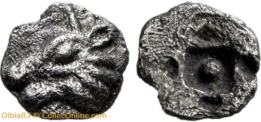 M-Asie Mineure / Incertaine / Tête de taureau - Carré creux avec une pastille centrale monnaies antiques grecques m asie mineure incertaine tete de taureau carre creux avec une pastille centrale