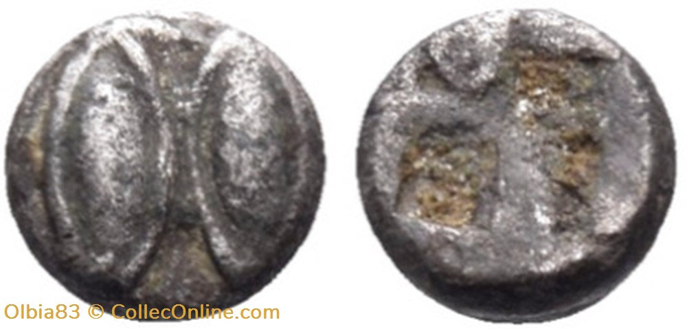 Ile de Lesbos / 1/48 eme de statère / Deux yeux (ou deux graines) - Carré creux. monnaies antiques grecques ile de lesbos 1 48 eme de statere deux yeux ou deux graines carre creux