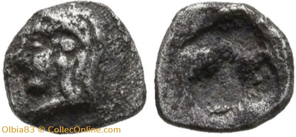Colophon / Tetartemomorion / Tête d'Apollon à gauche - Carré creux monnaies antiques grecques colophon tetartemomorion tete apollon a gauche carre creux