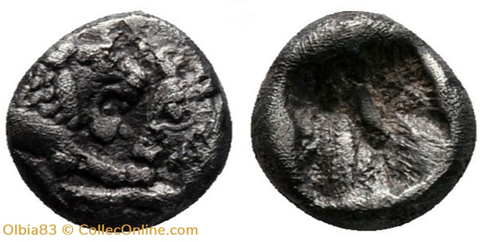 Royaume de Lydie / Vingt-quatrième de statère / Protomés de taureau et de lion affrontés. monnaies antiques grecques royaume de lydie vingt quatrieme de statere protomes de taureau et de lion affrontes