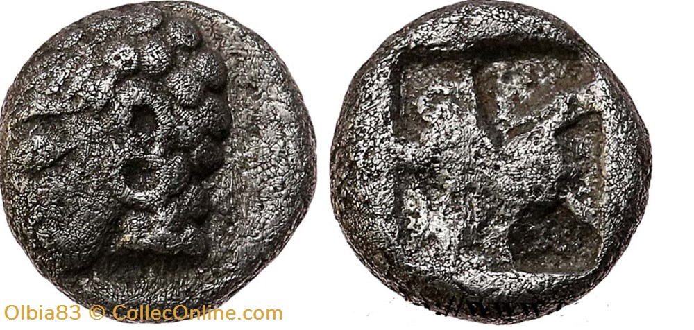 M-Colophon / Hémiobole / Tête chevelure globulée à gauche - Carré creux monnaies antiques grecques m colophon hemiobole tete chevelure globulee a gauche carre creux