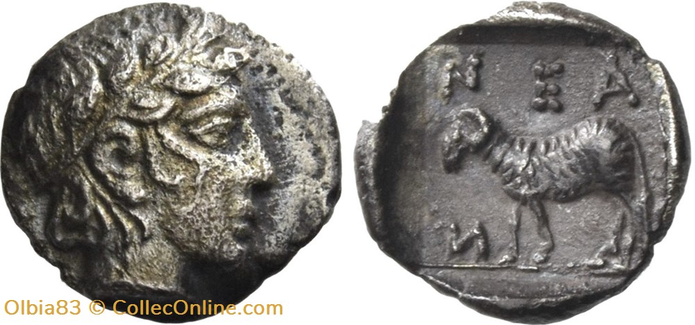 Néandria-Obole-Tête laurée d’Apollon / Belier à gauche + N-E-A/N monnaies antiques grecques neandria obole tete lauree d apollon belier a gauche n e a n
