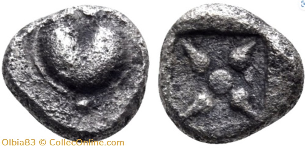 Kyrene / Hémiobole / Fruit de Silphium - Motif étoilé. monnaies antiques a grecques kyrene hemiobole fruit de silphium motif etoile