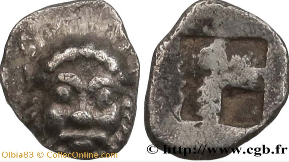 Ile de Lesbos / Tetartemorion / Tête barbue de Sylène - Carré creux. monnaies antiques grecques ile de lesbos tetartemorion tete barbue de sylene carre creux