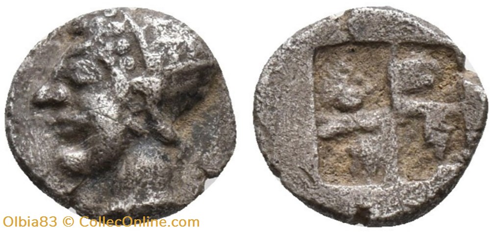 *Phocée-Obole-Tête d'Athéna à gauche / Carré Quadripartite . monnaies antiques grecques phocee obole tete athena a gauche carre quadripartite