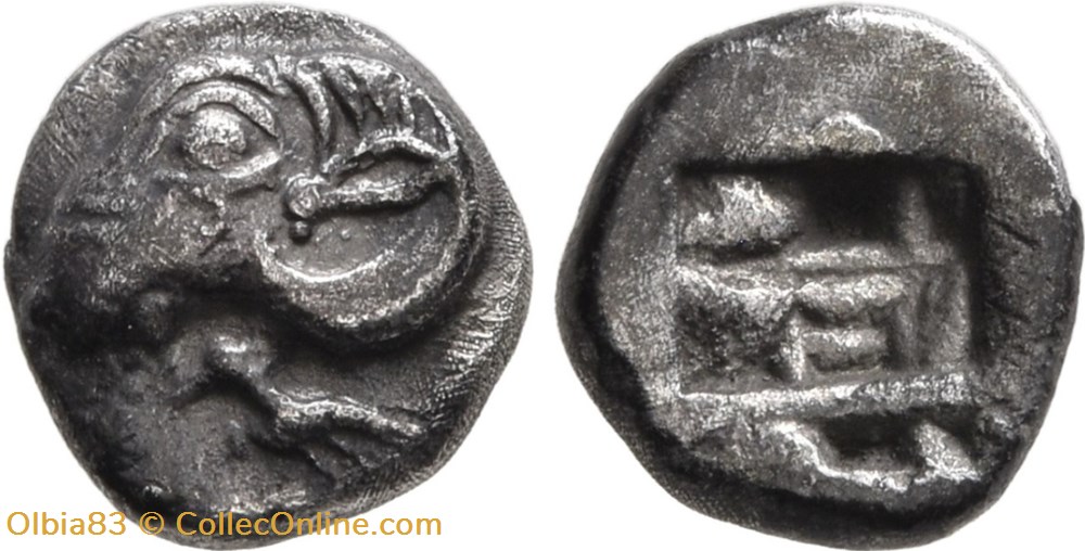 Cebren-Obole-Tête de Bélier à gauche avec un oiseau en dessous - Carré creux. monnaies antiques grecques cebren obole tete de belier a gauche avec un oiseau en dessous carre creux