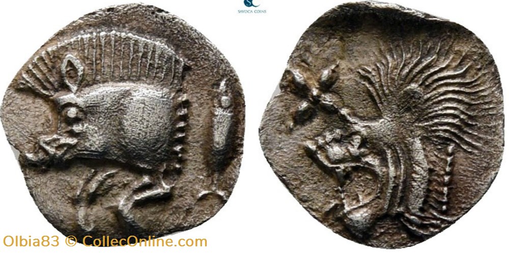 *Cyzique / Tétartemorion / Protomé de sanglier à gauche - Tête de lion à gauche. monnaies antiques grecques cyzique tetartemorion protome de sanglier a gauche tete de lion a gauche