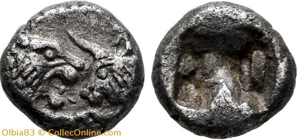 M Royaume de Lydie / Vingt-quatrieme de statère / Protomés de taureau et de lion affrontés. monnaies antiques grecques m royaume de lydie vingt quatrieme de statere protomes de taureau et de lion affrontes