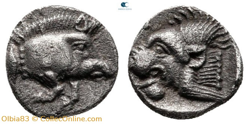 *Cyzique / Hémiobole / Protomé de sanglier à droite - Tête de lion à gauche. monnaies antiques grecques cyzique hemiobole protome de sanglier a droite tete de lion a gauche