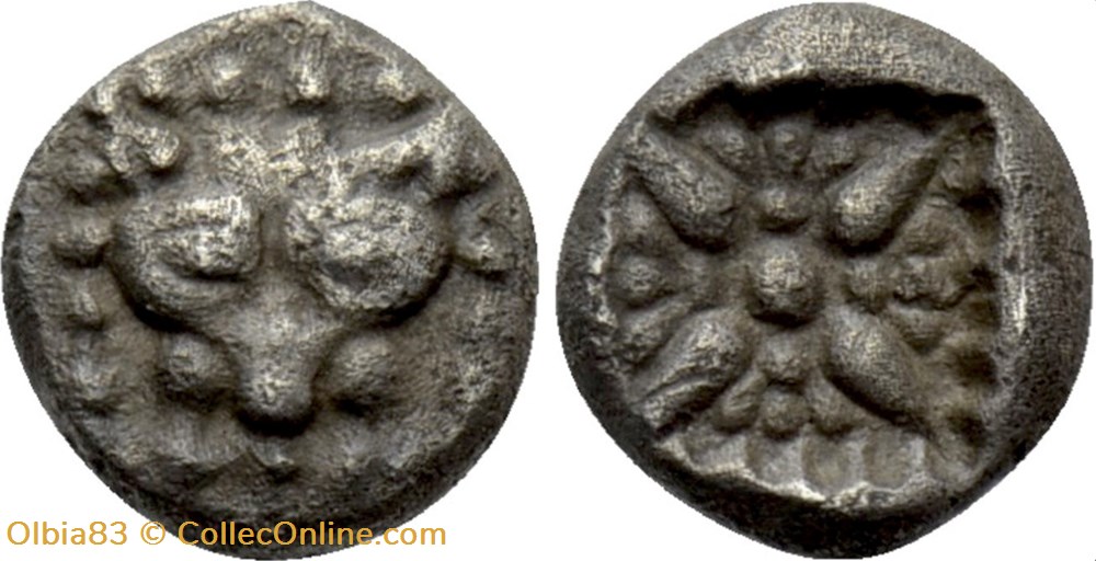 M Milet / 1/32 eme de statère / Tête de Lion - Motif Stéllaire dans carré creux monnaies antiques grecques m milet 1 32 eme de statere tete de lion motif stellaire dans carre creux
