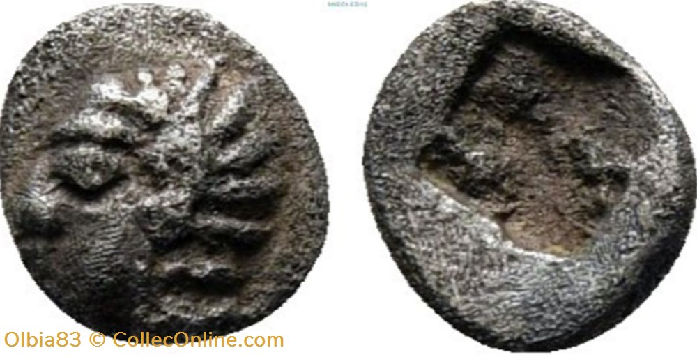 Colophon / Tetartemomorion / Tête d'Apollon à gauche - Carré creux monnaies antiques grecques colophon tetartemomorion tete apollon a gauche carre creux