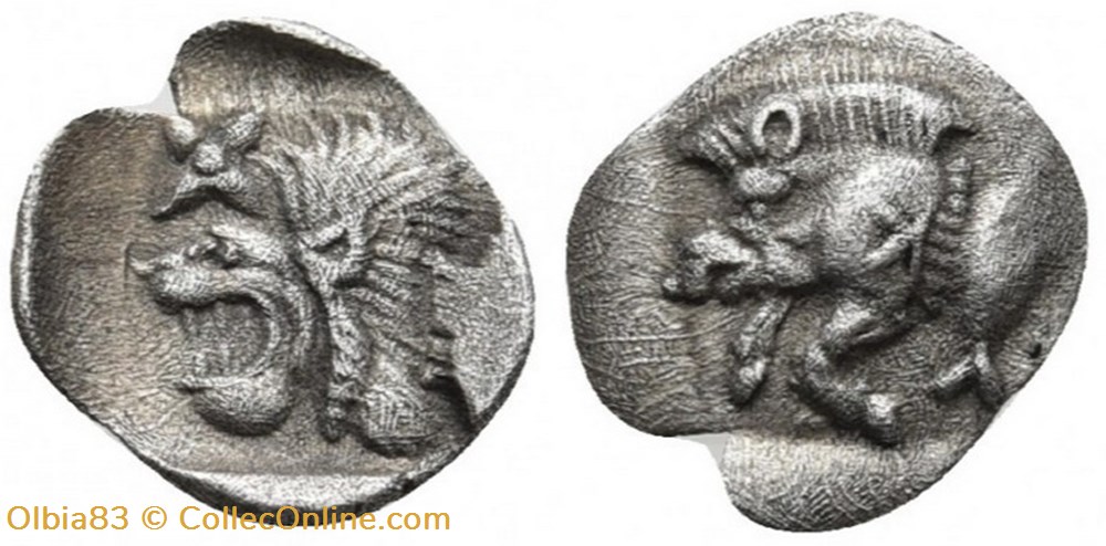 Cyzique / Hémiobole / Protomé de sanglier à gauche - Tête de lion à gauche. monnaies antiques grecques cyzique hemiobole protome de sanglier a gauche tete de lion a gauche