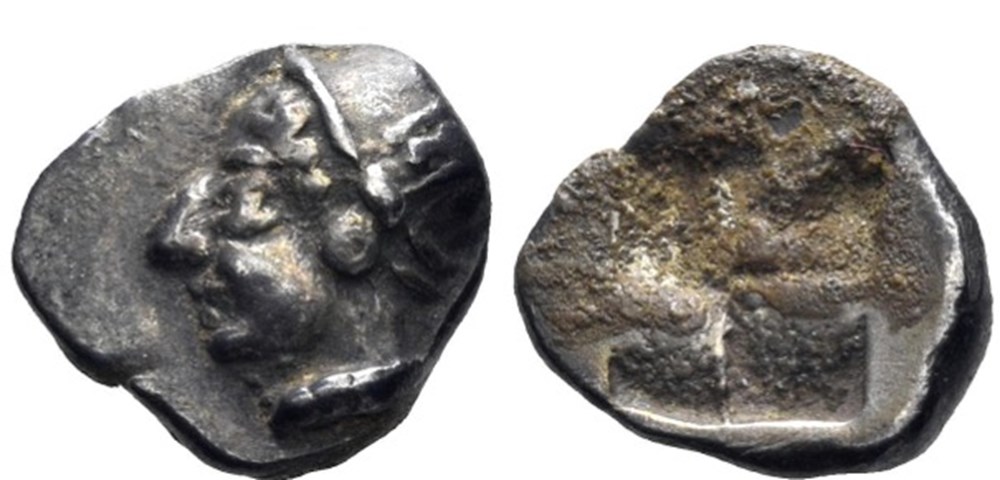 monnaies antiques grecques massalia tritartemorion tete de femme portant un sakkos a gauche carre creux