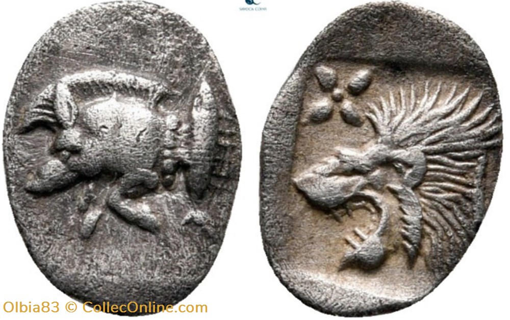 monnaies antiques grecques cyzique hemiobole protome de sanglier a gauche tete de lion a gauche