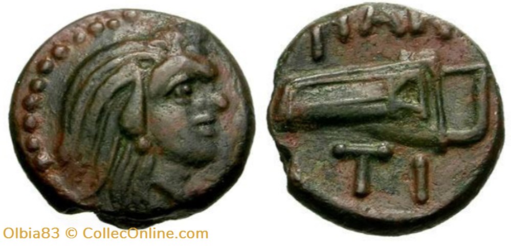 PAN05 / Chersonèse Taurique - Panticapée / Unité / Tête de satyre à droite - Carquoi et arc ΠAN-TI. monnaies antiques grecques pan05 chersonese taurique panticapee unite tete de satyre a droite carquoi et arc an ti