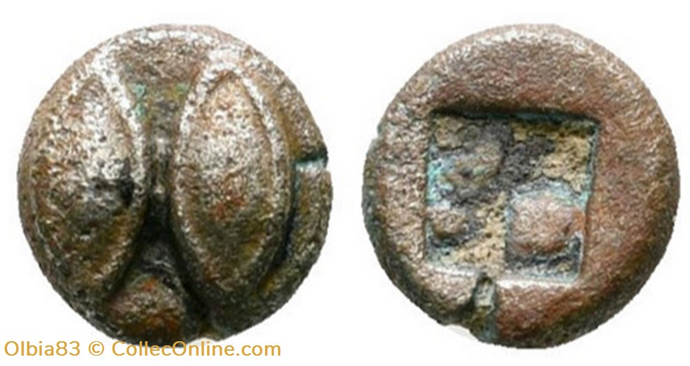 monnaies antiques grecques ile de lesbos 1 36 eme de statere deux yeux ou deux graines carre creux