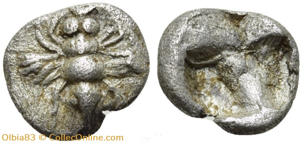 Ionie-Ephèse-Tétartemorion-Abeille/Carré creux . monnaies antiques grecques ionie ephese tetartemorion abeille carre creux