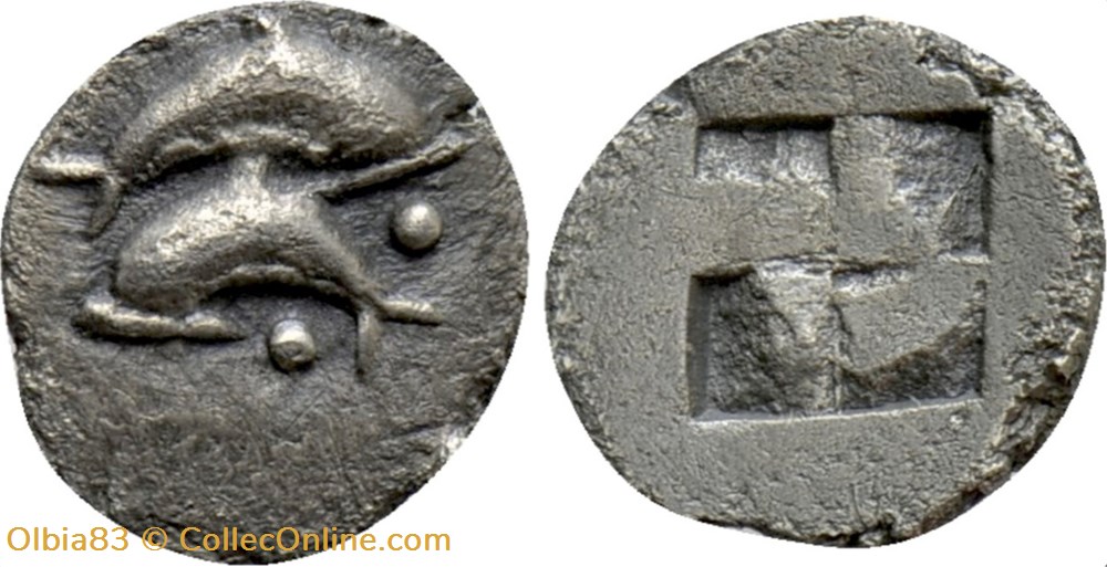 M-Thasos / Obole / Deux dauphins superposés- Carré creux monnaies antiques grecques m thasos obole deux dauphins superposes carre creux