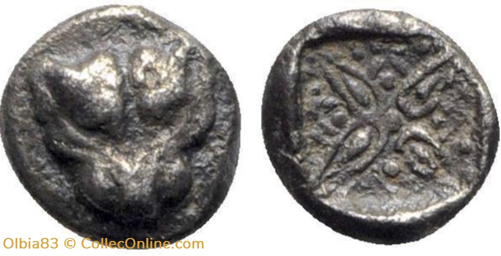 M Milet / 1/16eme de statère / Tête de Lion - Motif Stéllaire dans carré creux monnaies antiques grecques m milet 1 16eme de statere tete de lion motif stellaire dans carre creux
