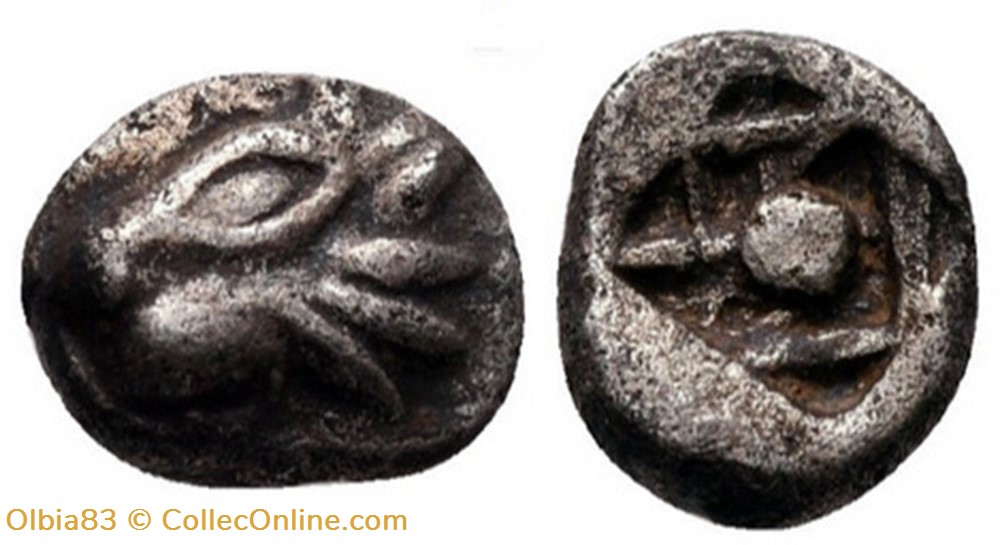 Asie Mineure/Incertaine/Obole/Tête de taureau - Carré en forme de losange avec une pastille centrale monnaies antiques grecques asie mineure incertaine obole tete de taureau carre en forme de losange avec une pastille centrale