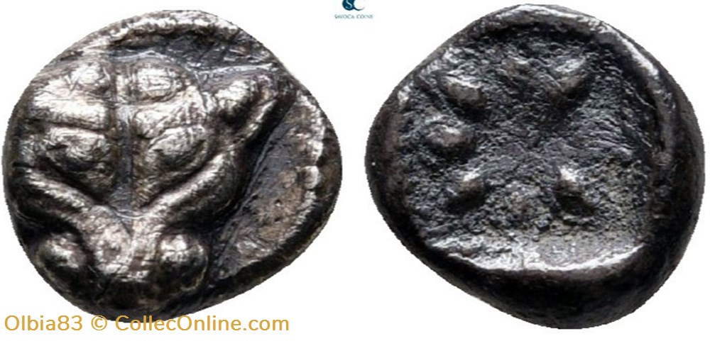 M Milet / 1/16eme de statère / Tête de Lion - Motif Stéllaire dans carré creux monnaies antiques grecques m milet 1 16eme de statere tete de lion motif stellaire dans carre creux