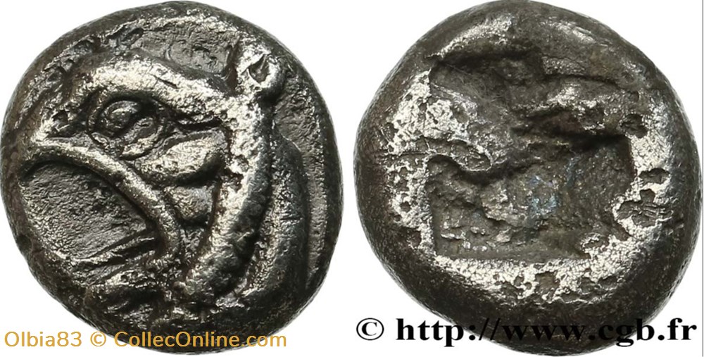 Phocée / Diobole / Tête de griffon à gauche - Carré creux . monnaies antiques grecques phocee diobole tete de griffon a gauche carre creux
