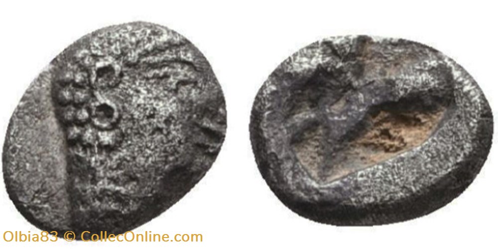 M-Colophon / Hemiobole / Tête chevelure globulée à droite - Carré creux monnaies antiques grecques m colophon hemiobole tete chevelure globulee a droite carre creux
