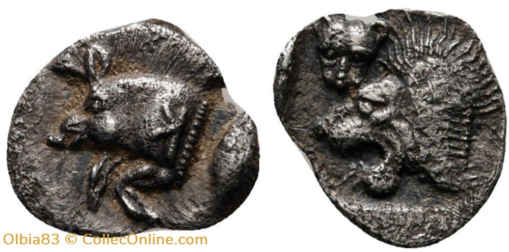 Cyzique / Hémiobole / Protomé de sanglier à gauche - Tête de lion à gauche. monnaies antiques grecques cyzique hemiobole protome de sanglier a gauche tete de lion a gauche