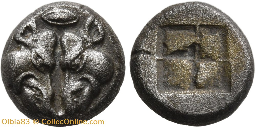 Ile de Lesbos / 1/8eme de Statère / Sangliers confrontés - Carré creux. monnaies antiques grecques ile de lesbos 1 8eme de statere sangliers confrontes carre creux
