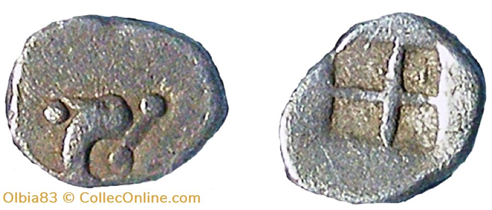 M Thasos / Hémiobole / Dauphin à droite - Carré creux monnaies antiques grecques m thasos hemiobole dauphin a droite carre creux