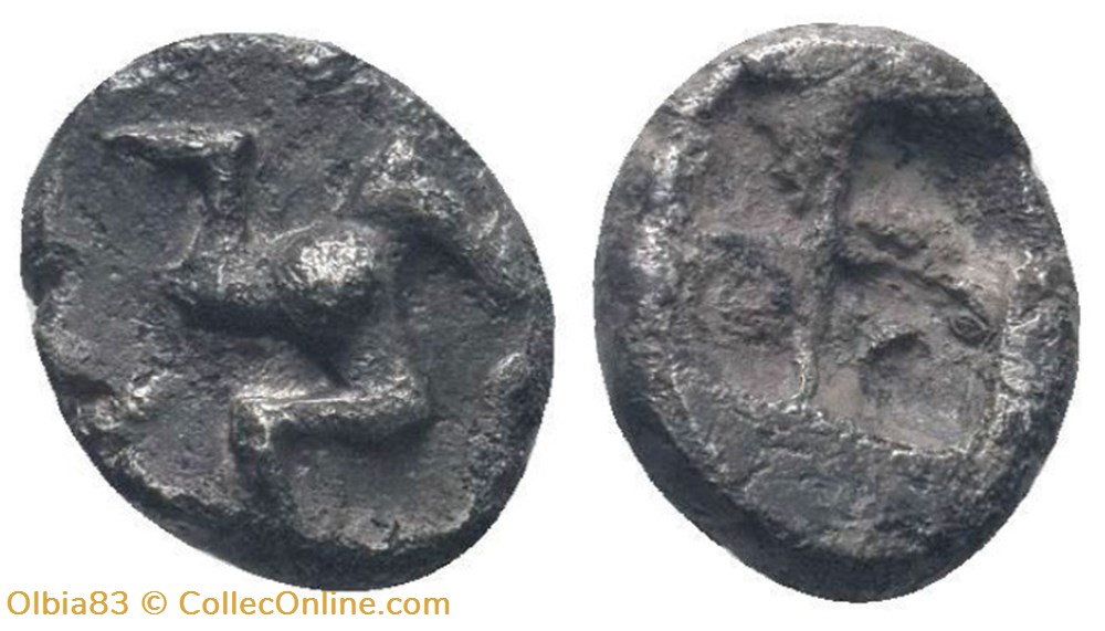 monnaies antiques grecques pamphylie aspendos obole triskeles entoure de globules carre creux