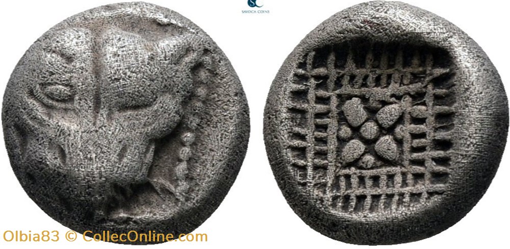 M Milet / 1/8 eme de statère / Tête de Lion - Motif floral et treillis dans un carré creux monnaies antiques grecques m milet 1 8 eme de statere tete de lion motif floral et treillis dans un carre creux