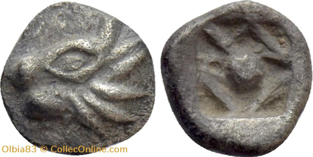 Asie Mineure/Incertaine/Obole/Tête de taureau - Carré en forme de losange avec une pastille centrale monnaies antiques grecques asie mineure incertaine obole tete de taureau carre en forme de losange avec une pastille centrale