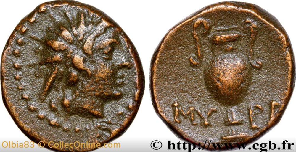 Myrhina / Demi - unité / Tête radiée d’Hélios à droite - Amphore, MU-RI . monnaies antiques grecques myrhina demi unite tete radiee d helios a droite amphore mu ri