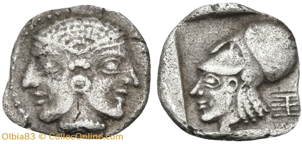 monnaies antiques grecques lampsaque obole tetes de femme janiforme portant la taenia tete d athena a gauche