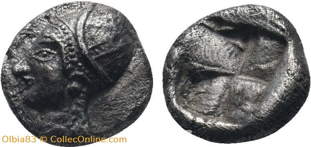 Phocée-Diobole-Tête de femme portant un sakkos à gauche / Carré creux quadripartite monnaies antiques grecques phocee diobole tete de femme portant un sakkos a gauche carre creux quadripartite