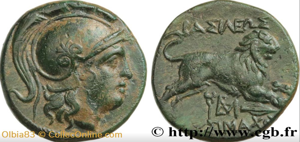 Lysimaque / Unité / Tête d'Athéna à droite - Lion bondissant à droite, fer de lance. monnaies antiques grecques lysimaque unite tete athena a droite lion bondissant a droite fer de lance