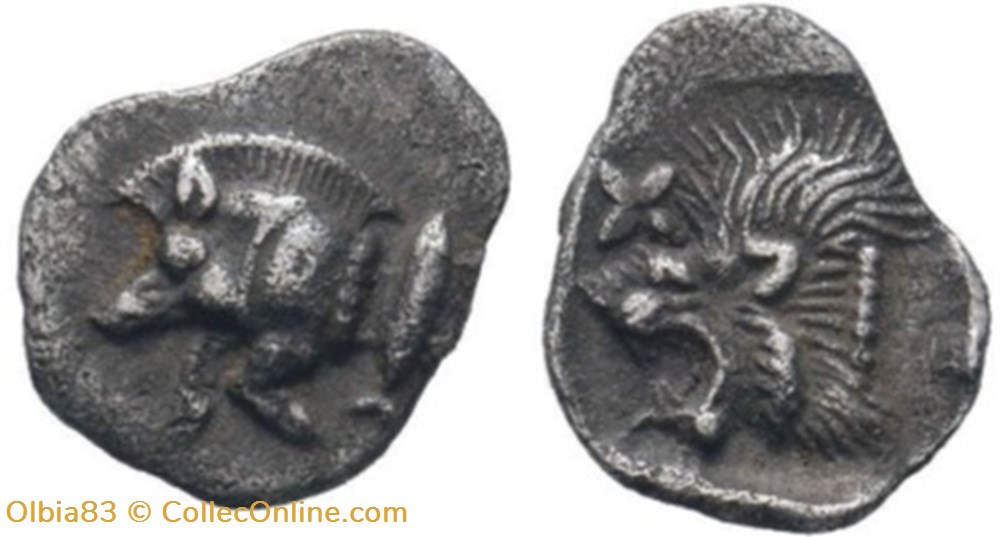 *Cyzique / Hémiobole / Protomé de sanglier à gauche - Tête de lion à gauche. monnaies antiques grecques cyzique hemiobole protome de sanglier a gauche tete de lion a gauche