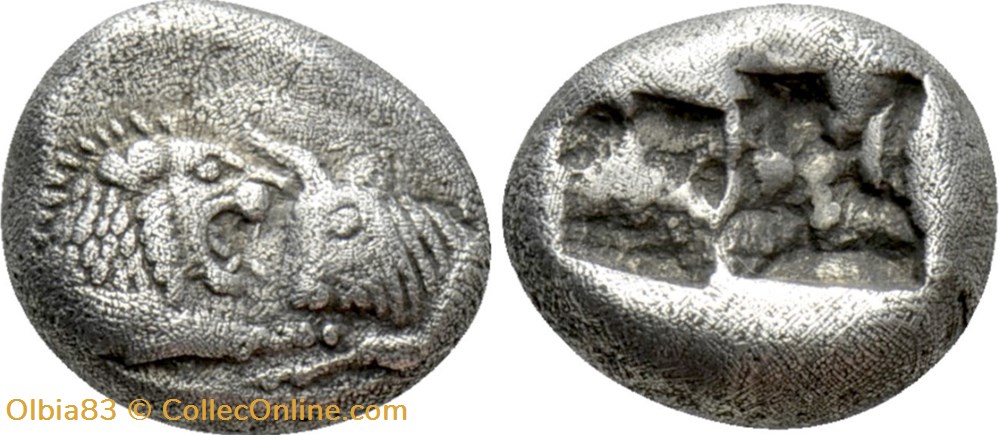Royaume de Lydie / Sixième de statère / Protomés de taureau et de lion affrontés. monnaies antiques grecques royaume de lydie sixieme de statere protomes de taureau et de lion affrontes