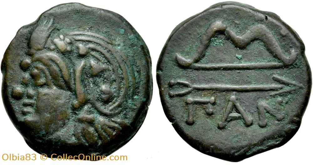 Chersonèse Taurique - Panticapée / Unité / Tête de satyre à gauche - Arc et Fleche ΠAN. monnaies antiques grecques chersonese taurique panticapee unite tete de satyre a gauche arc et fleche an