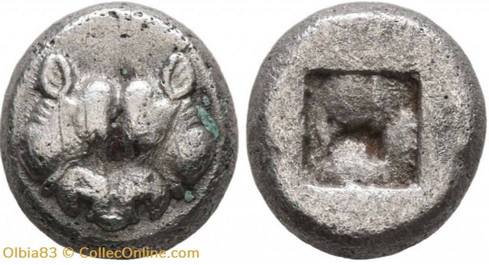 Ile de Lesbos / 1/8 eme de statère / Têtes de sangliers confrontées - Carré creux. monnaies antiques grecques ile de lesbos 1 8 eme de statere tetes de sangliers confrontees carre creux