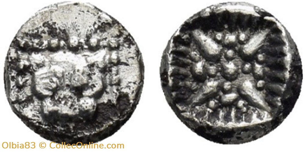 M Milet / 1/32 eme de Statère / Tête de Lion - Motif Stéllaire dans carré creux monnaies antiques grecques m milet 1 32 eme de statere tete de lion motif stellaire dans carre creux