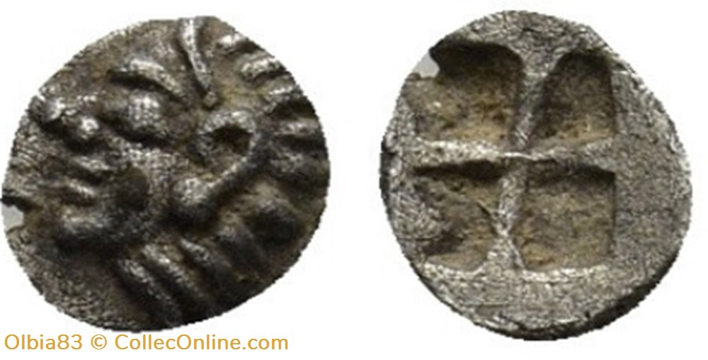 Colophon / Tetartemorion / Tête du dieu Apollon à gauche - Carré creux monnaies antiques grecques colophon tetartemorion tete du dieu apollon a gauche carre creux