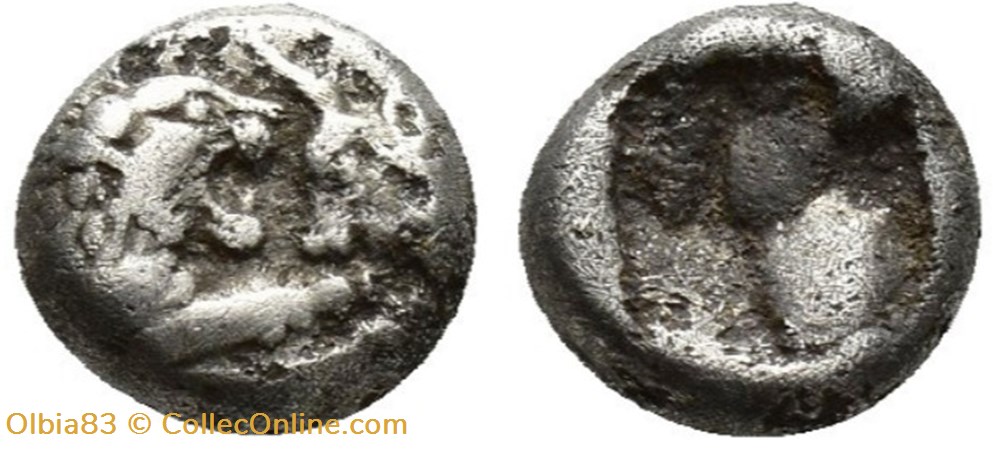 Royaume de Lydie / Douzieme de statère / Protomés de taureau et de lion affrontés. monnaies antiques grecques royaume de lydie douzieme de statere protomes de taureau et de lion affrontes
