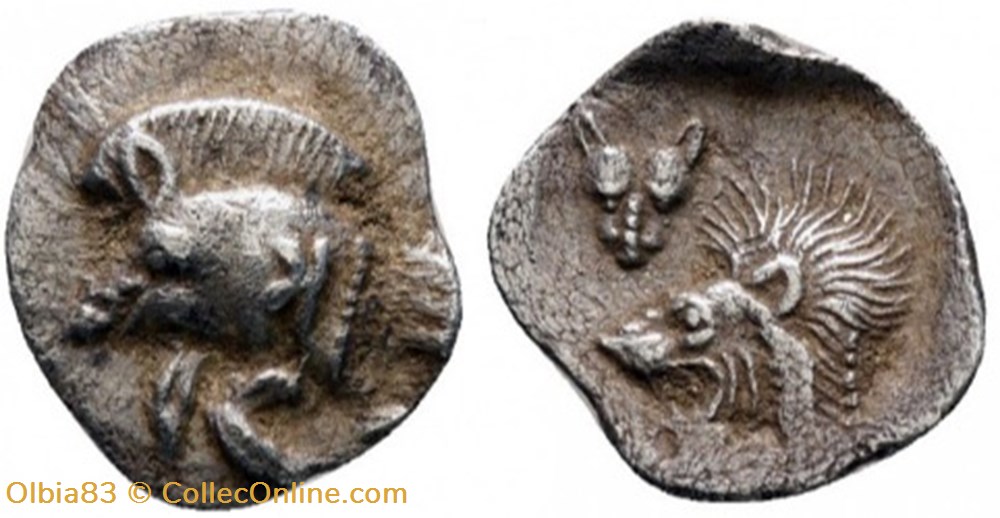 *Cyzique / Hémiobole / Protomé de sanglier à gauche - Tête de lion à gauche. monnaies antiques grecques cyzique hemiobole protome de sanglier a gauche tete de lion a gauche