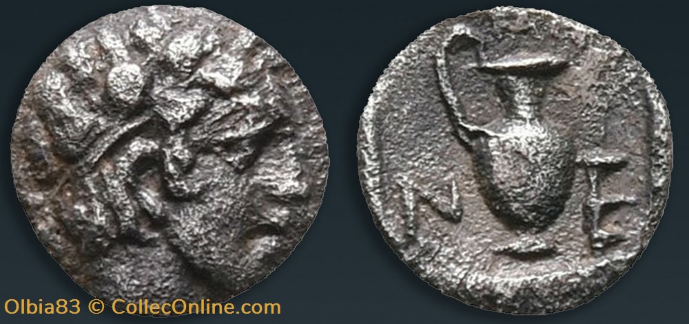 M-Néandria / Hemiobole / Tête laurée d’Apollon / Oenochoé + N-E monnaies antiques grecques m neandria hemiobole tete lauree d apollon oenochoe n e