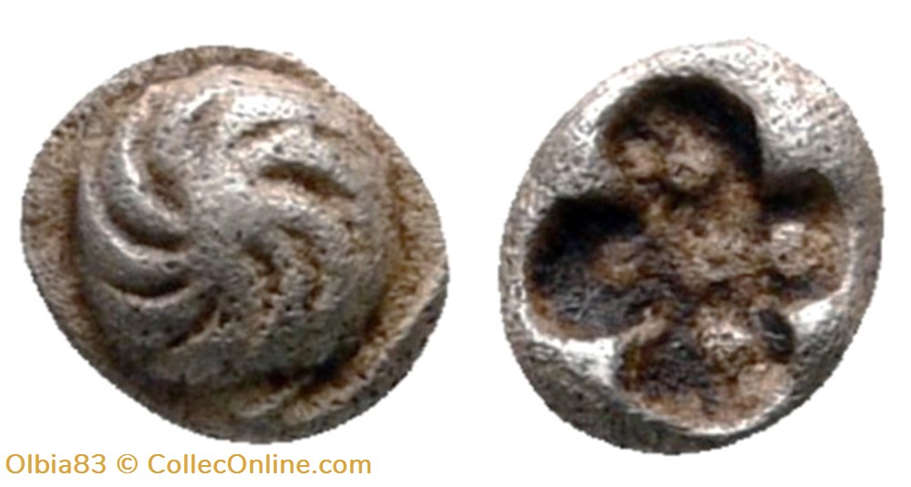 Erythrée? - Hemitetartemorion - Rosette - Cruciforme en creux avec 5 Globules. monnaies antiques grecques erythree hemitetartemorion rosette cruciforme en creux avec 5 globules