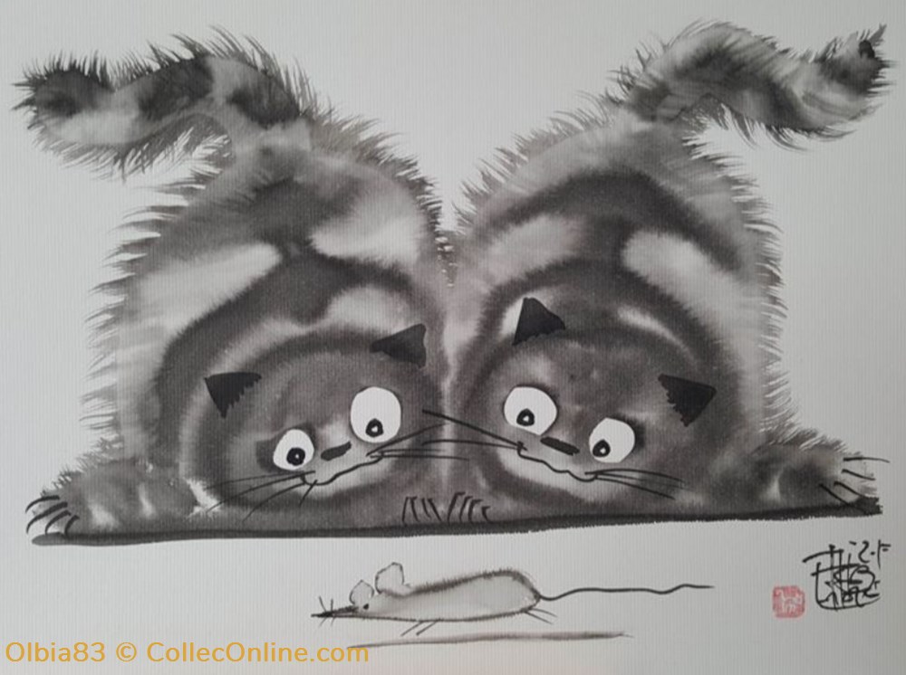 " Chats - Duo chasseurs " art antiquites peintures dessins techniques mixtes chats duo chasseurs