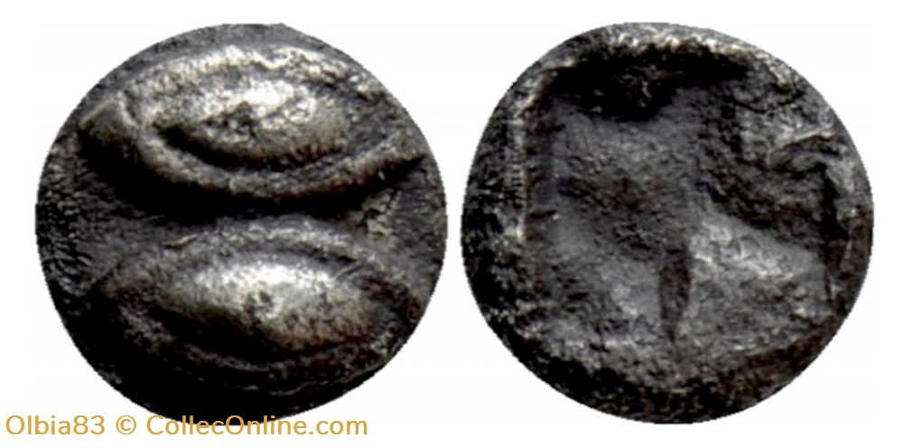 Ile de Lesbos / 1/48 eme de statère / Deux yeux (ou deux graines) - Carré creux. monnaies antiques grecques ile de lesbos 1 48 eme de statere deux yeux ou deux graines carre creux